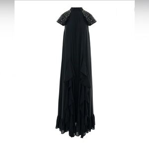 Chic Black Maxi Dress with Embellished Sleeves